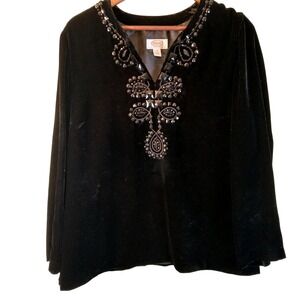 Talbots Black Velvet Beaded Embellished Tunic Top Long Sleeve Women's Size 12